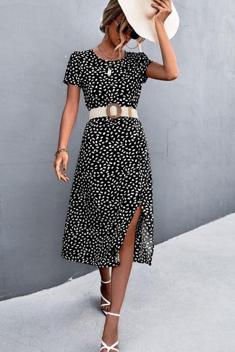 Printed Slit Cutout Midi Dress