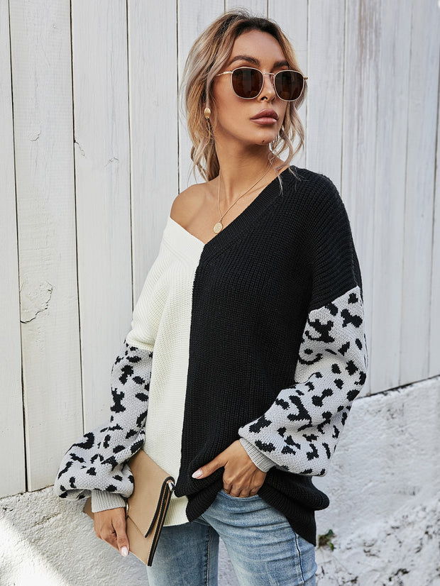 Leopard V-Neck Tunic Pullover Sweater