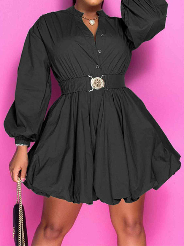 Button Up Balloon Sleeves Dress