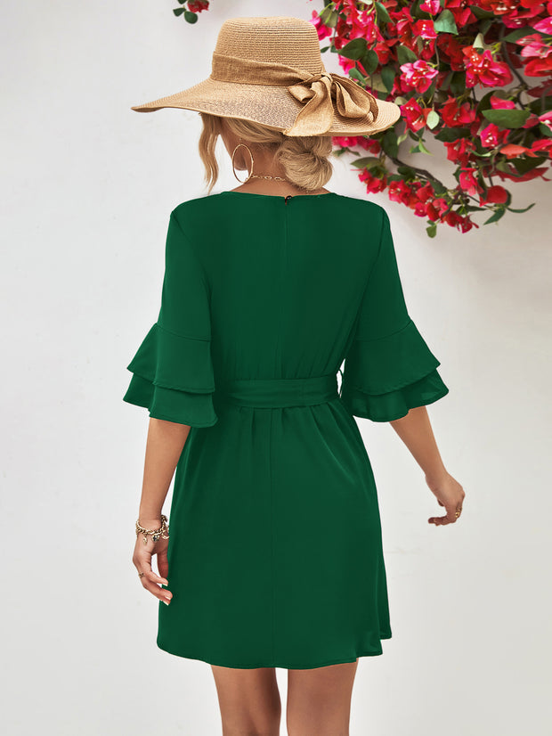 Tie Belt Flounce Sleeve Dress