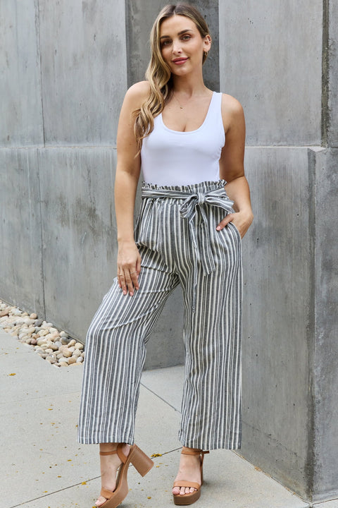 Full Size Paperbag Waist Striped Culotte Pants