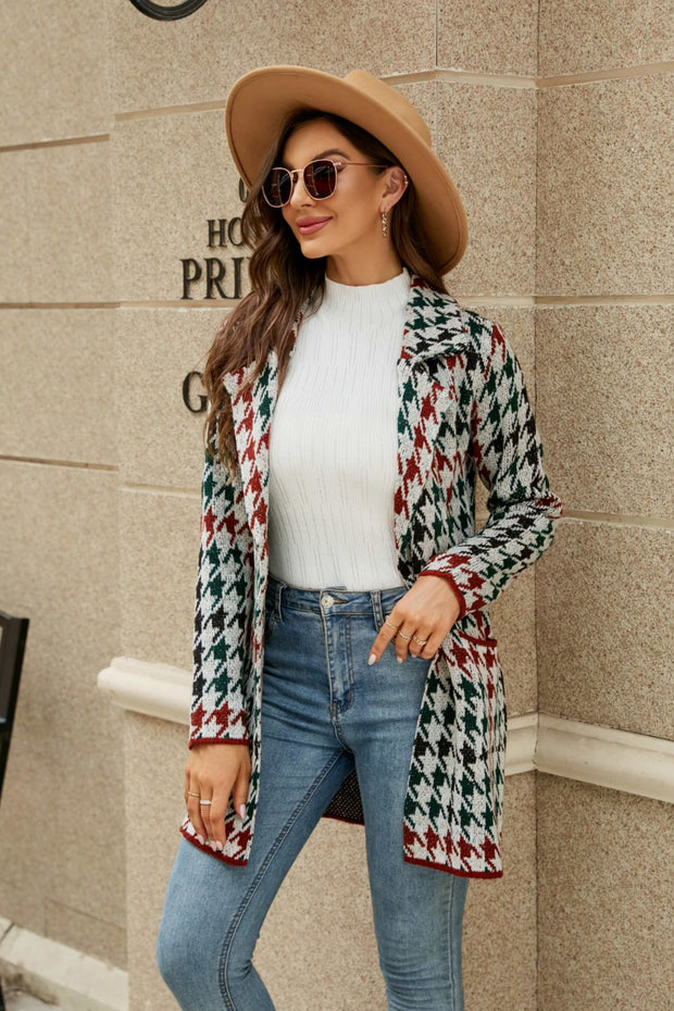 Printed Open Front Lapel Collar Cardigan