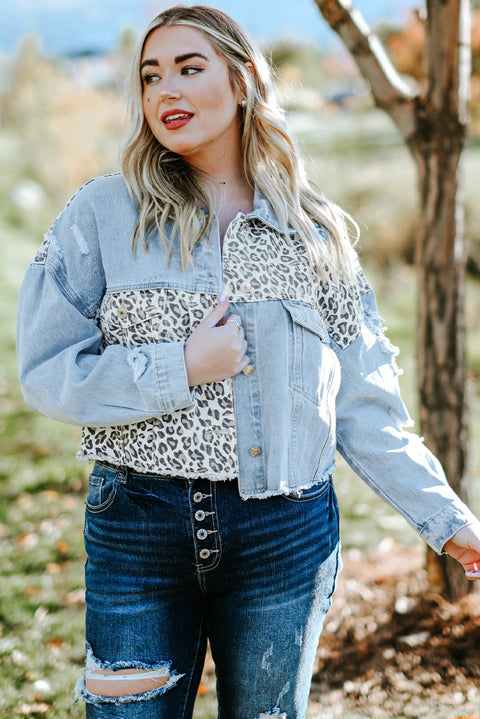 Plus Size Leopard Distressed Denim Jacket