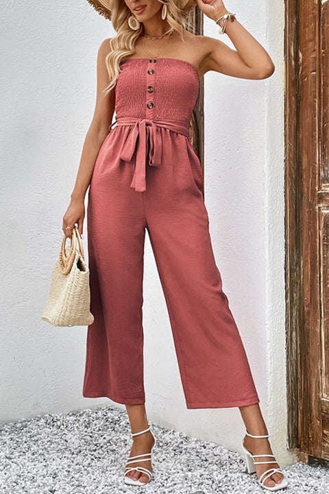 Button Strapless Jumpsuit with Pockets