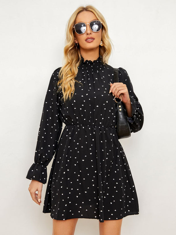 Printed Long Flounce Sleeve Frill Neck Dress