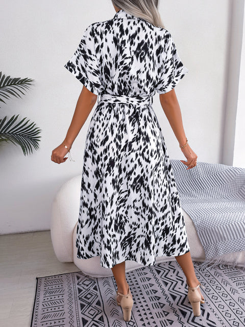 Printed Short Sleeve Tie Waist Dress