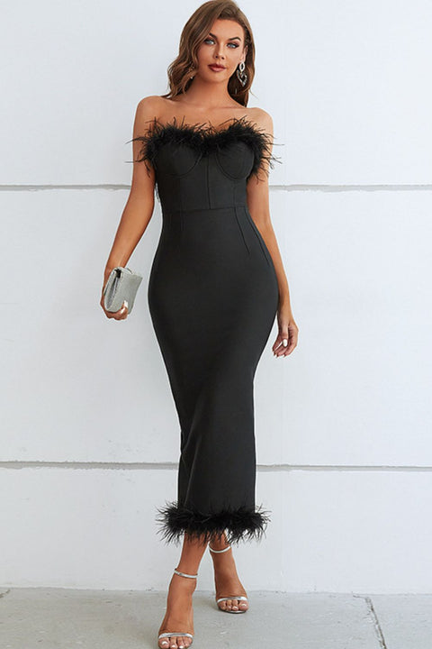 Feather Trim Strapless Neck Dress