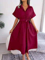 Short Sleeve Tie Belt Dress