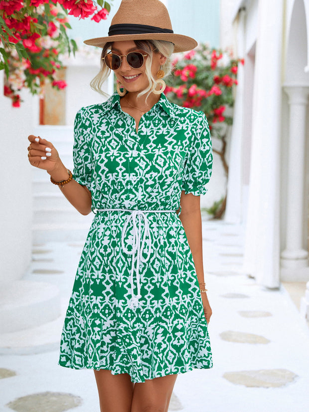 Printed Collar Flounce Sleeve Dress