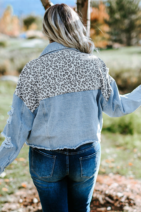 Plus Size Leopard Distressed Denim Jacket