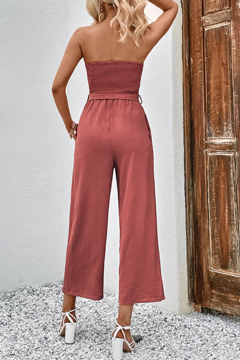 Button Strapless Jumpsuit with Pockets