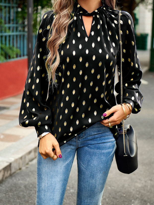 Mock Neck Cutout Lantern Sleeve Blouse