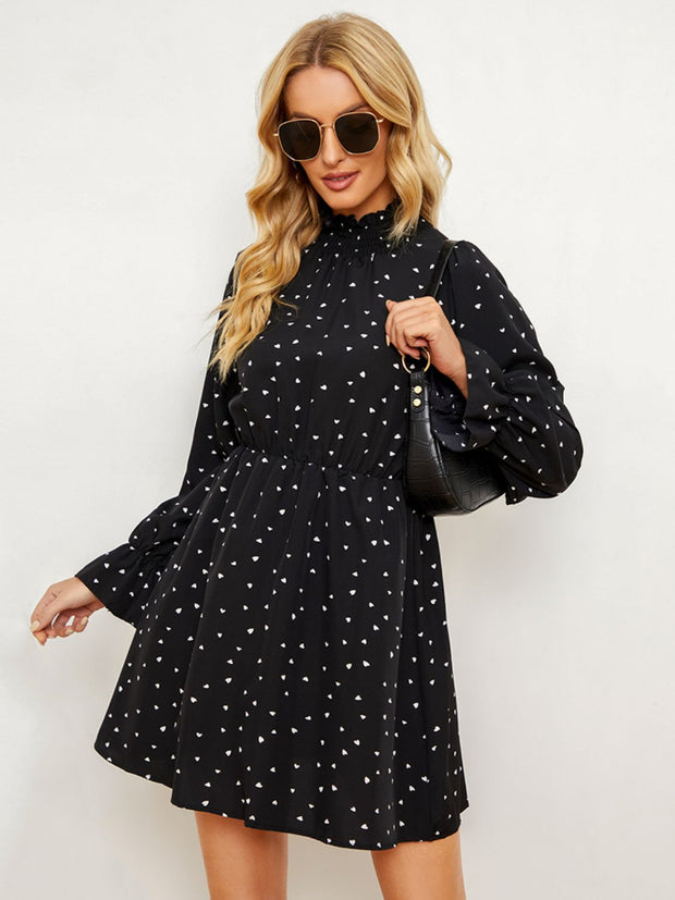 Printed Long Flounce Sleeve Frill Neck Dress