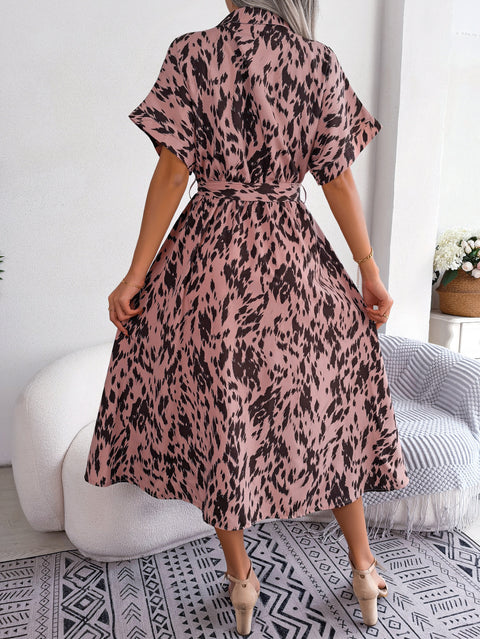 Printed Short Sleeve Tie Waist Dress