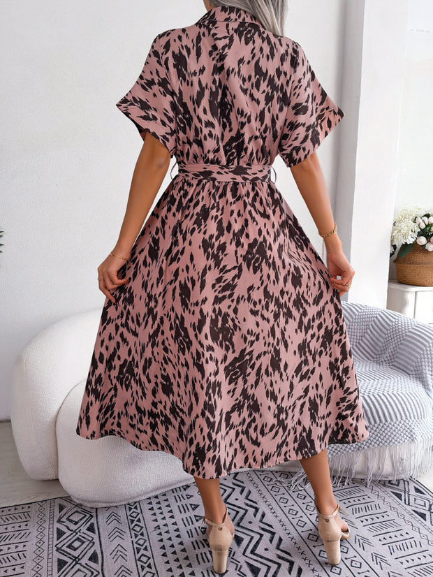 Printed Short Sleeve Tie Waist Dress