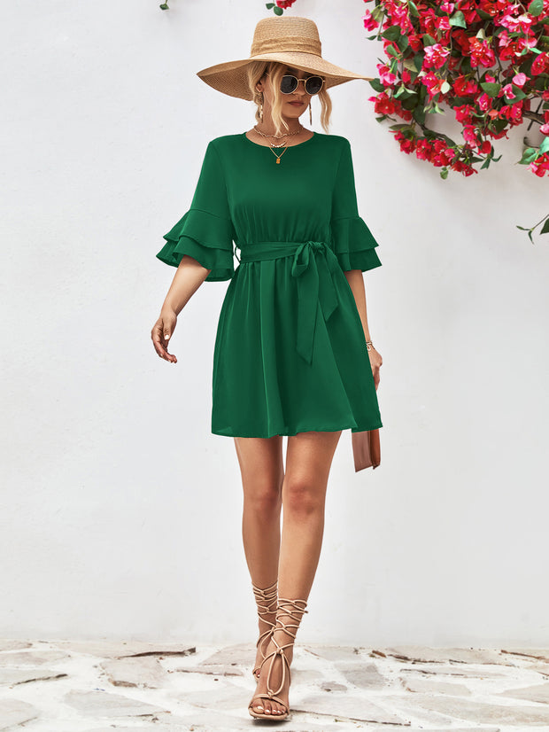 Tie Belt Flounce Sleeve Dress