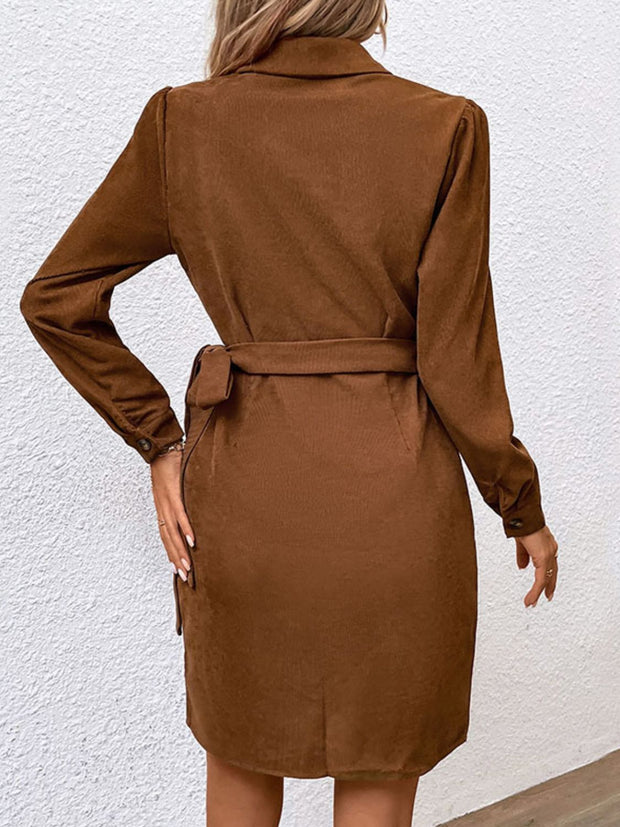 Button-Down Long Sleeve Side Tie Dress