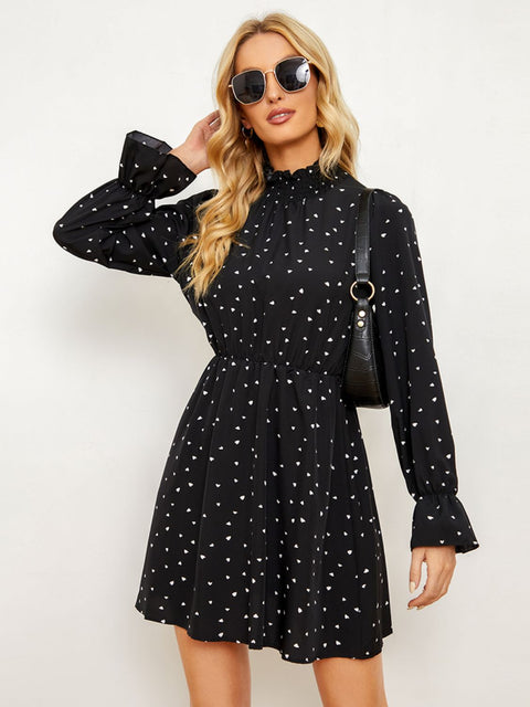 Printed Long Flounce Sleeve Frill Neck Dress