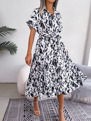 Printed Short Sleeve Tie Waist Dress