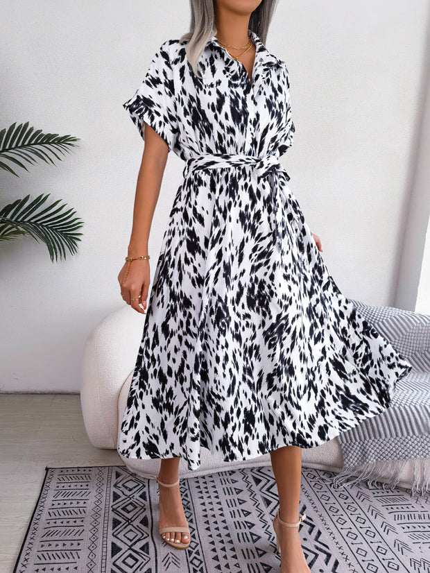 Printed Short Sleeve Tie Waist Dress