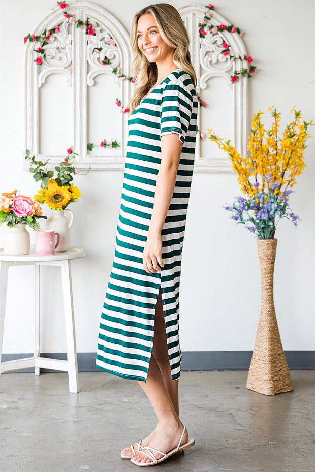 Striped V-Neck Short Sleeve Side Slit Dress