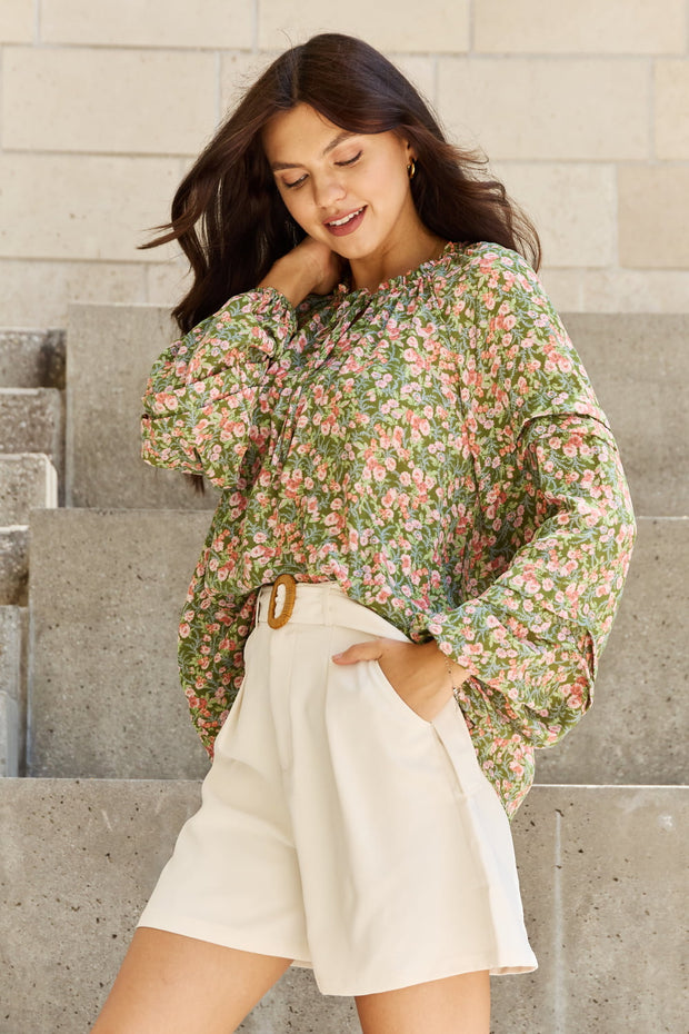 Full Size Balloon Sleeve Floral Blouse