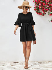 Tie Belt Flounce Sleeve Dress