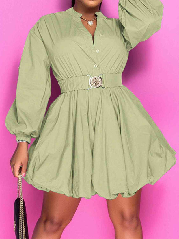 Button Up Balloon Sleeves Dress