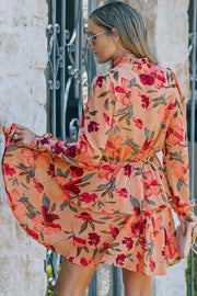 Floral Tie Neck Long Sleeve Layered Dress