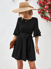 Tie Belt Flounce Sleeve Dress