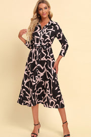 printed button front belted midi dress