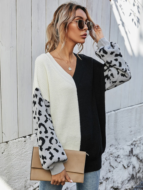 Leopard V-Neck Tunic Pullover Sweater