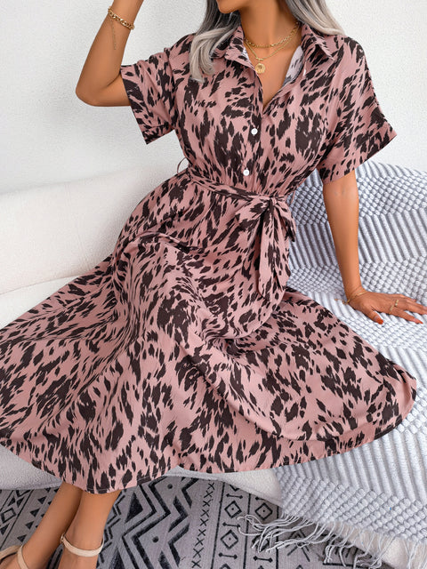 Printed Short Sleeve Tie Waist Dress