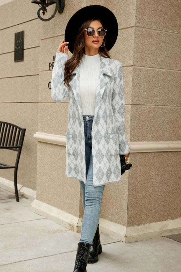 Printed Open Front Lapel Collar Cardigan