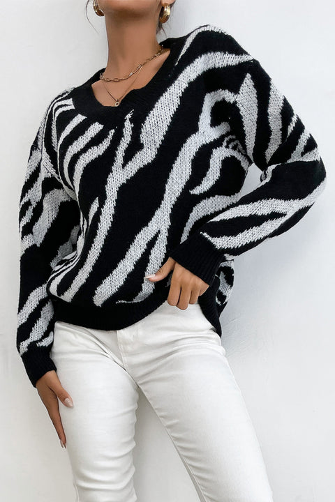 Zebra Print V-Neck Sweater