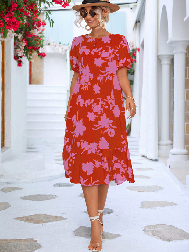 Floral Puff Sleeve Ruffle Midi Dress