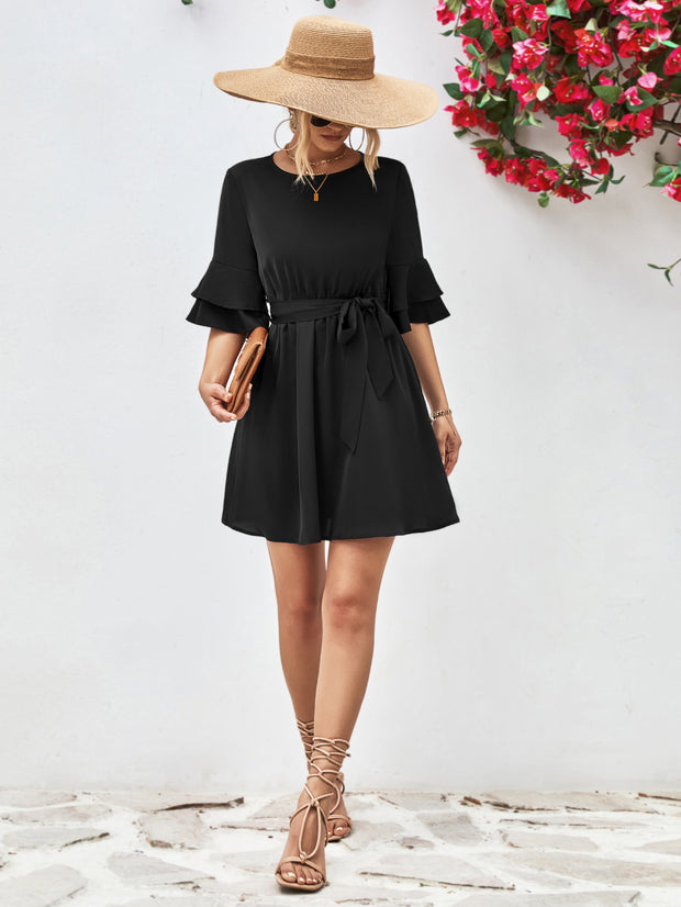 Tie Belt Flounce Sleeve Dress