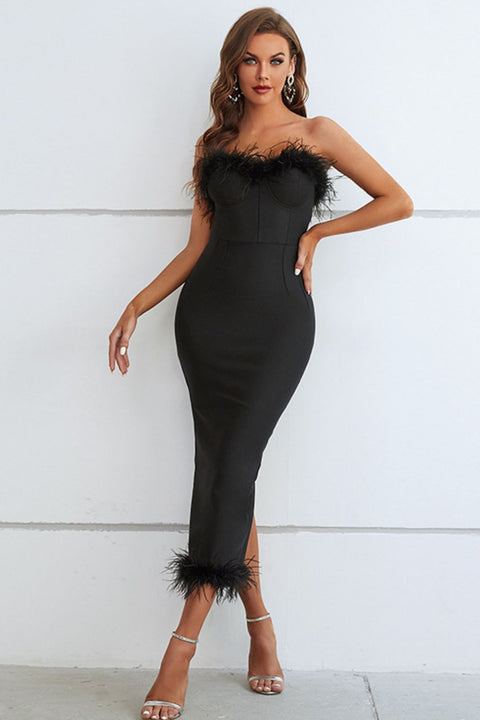 Feather Trim Strapless Neck Dress