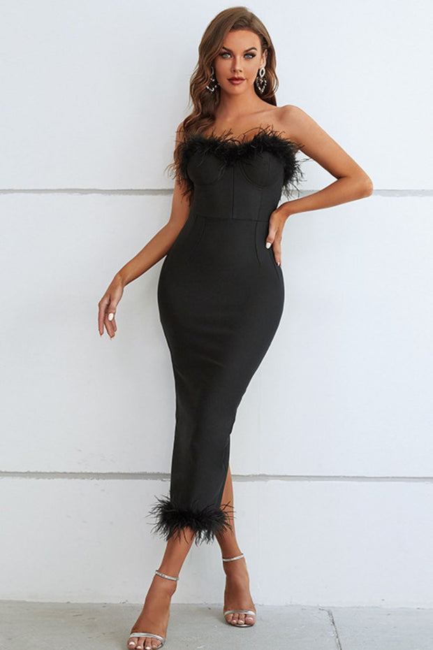 Feather Trim Strapless Neck Dress