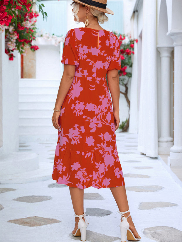 Floral Puff Sleeve Ruffle Midi Dress