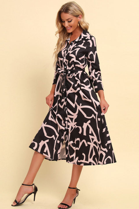 printed button front belted midi dress