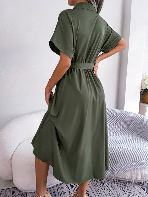 Short Sleeve Tie Belt Dress