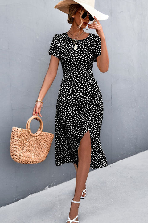 Printed Slit Cutout Midi Dress