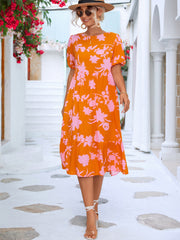 Floral Puff Sleeve Ruffle Midi Dress