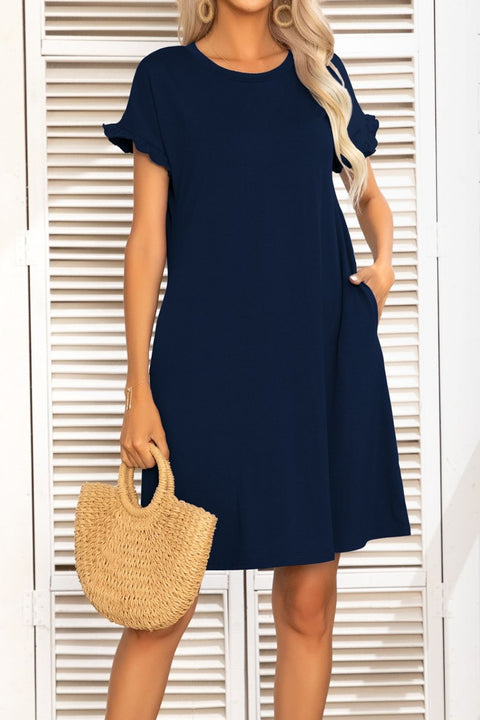 Flounce Sleeve Round Neck Dress with Pockets