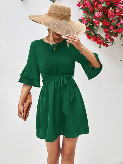 Tie Belt Flounce Sleeve Dress