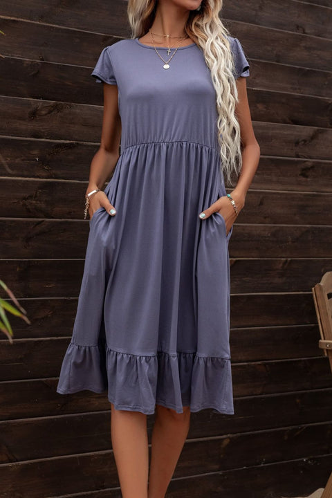 Round Neck Ruffle Pocket Dress