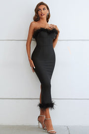 Feather Trim Strapless Neck Dress