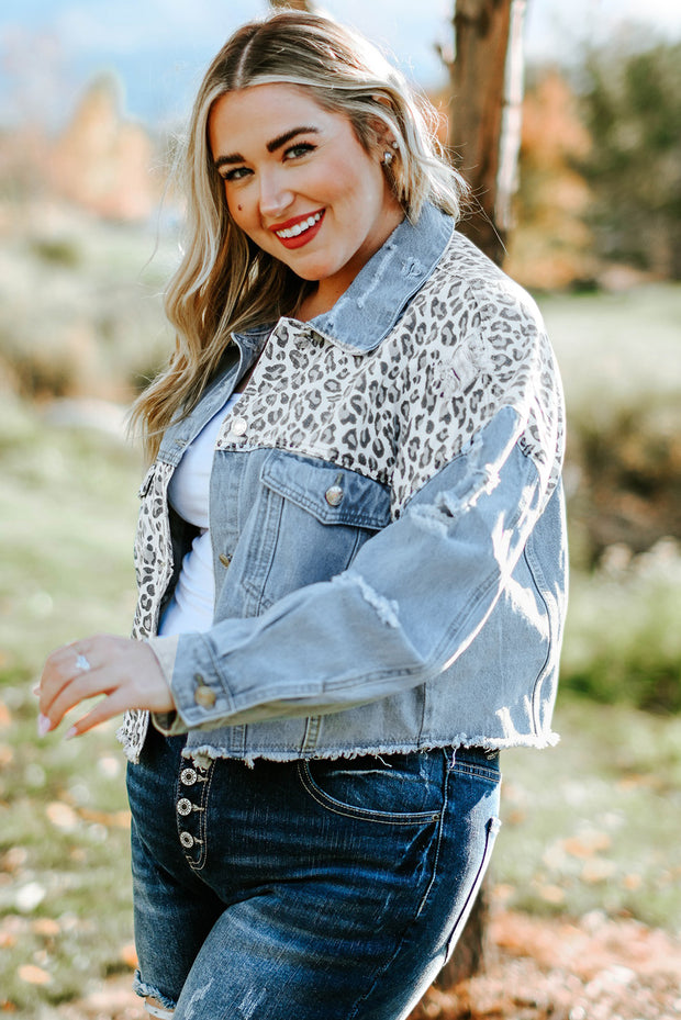 Plus Size Leopard Distressed Denim Jacket