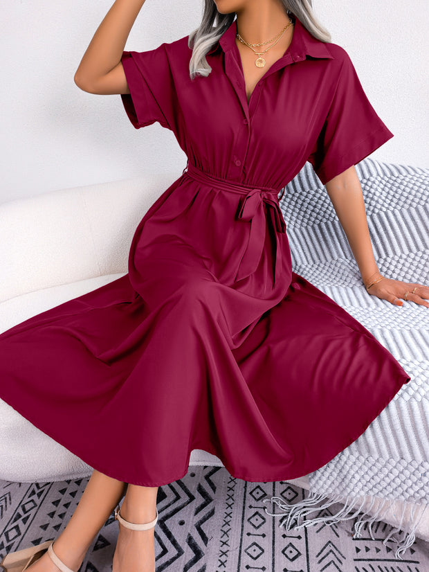 Short Sleeve Tie Belt Dress